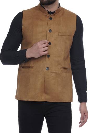 Brown Plain Faux Velvet Nehru Jacket for Men