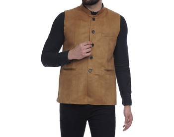 Brown Plain Faux Velvet Nehru Jacket for Men 1