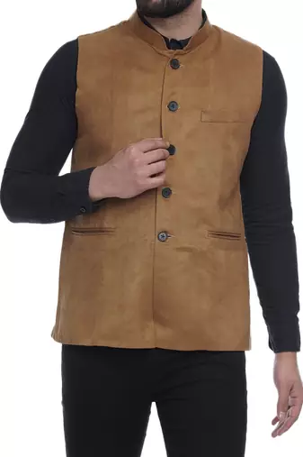 Brown Plain Faux Velvet Nehru Jacket for Men