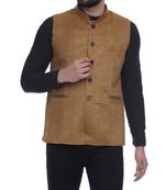 Brown Plain Faux Velvet Nehru Jacket for Men