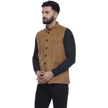 Brown Plain Faux Velvet Nehru Jacket for Men 2