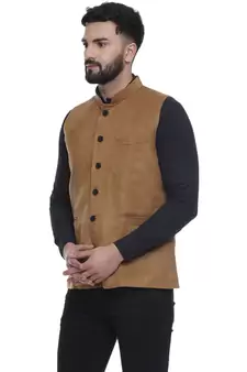 Brown Plain Faux Velvet Nehru Jacket for Men