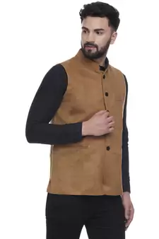 Brown Plain Faux Velvet Nehru Jacket for Men