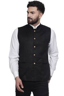 Black Plain Faux Velvet Nehru Jacket