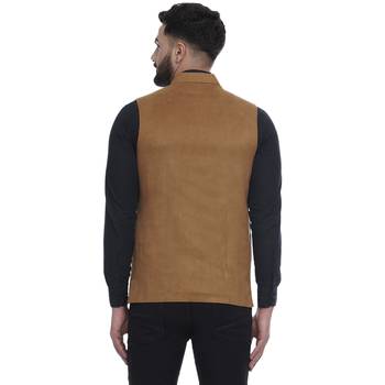 Brown Plain Faux Velvet Nehru Jacket for Men 4