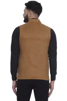 Brown Plain Faux Velvet Nehru Jacket for Men