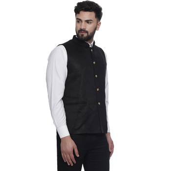 Black Plain Faux Velvet Nehru Jacket 2