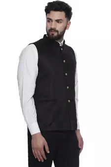 Black Plain Faux Velvet Nehru Jacket