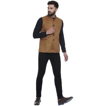 Brown Plain Faux Velvet Nehru Jacket for Men 5