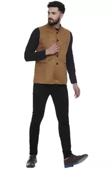 Brown Plain Faux Velvet Nehru Jacket for Men