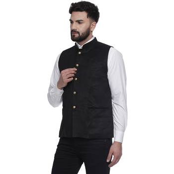 Black Plain Faux Velvet Nehru Jacket 3
