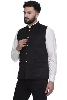 Black Plain Faux Velvet Nehru Jacket