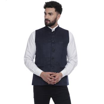 Blue Plain Faux Velvet Nehru Jacket 1