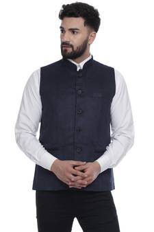 Blue Plain Faux Velvet Nehru Jacket
