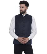 Blue Plain Faux Velvet Nehru Jacket