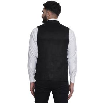 Black Plain Faux Velvet Nehru Jacket 4