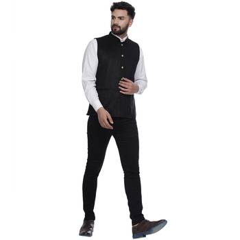 Black Plain Faux Velvet Nehru Jacket 5