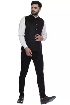 Black Plain Faux Velvet Nehru Jacket