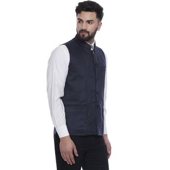 Blue Plain Faux Velvet Nehru Jacket 2