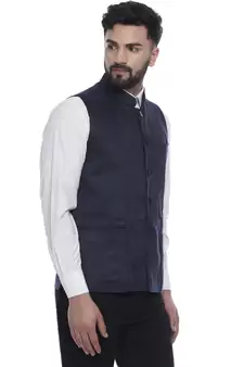 Blue Plain Faux Velvet Nehru Jacket