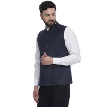 Blue Plain Faux Velvet Nehru Jacket 3