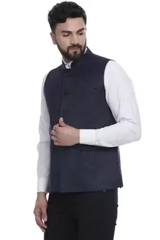 Blue Plain Faux Velvet Nehru Jacket