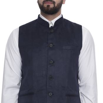Blue Plain Faux Velvet Nehru Jacket 4