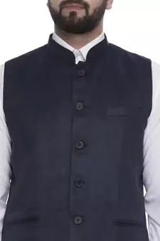 Blue Plain Faux Velvet Nehru Jacket