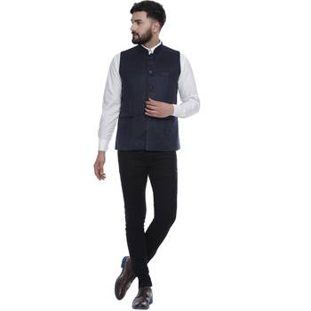 Blue Plain Faux Velvet Nehru Jacket 5