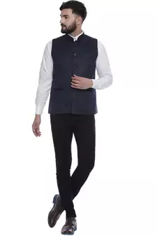 Blue Plain Faux Velvet Nehru Jacket
