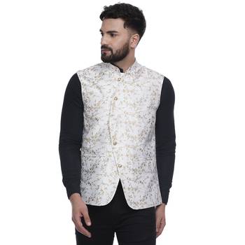 White Brasso Jacquard Nehru Jacket 1