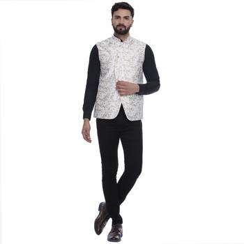 White Brasso Jacquard Nehru Jacket 4