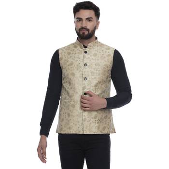 Beige Brasso Jacquard Nehru Jacket 1