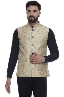 Beige Brasso Jacquard Nehru Jacket