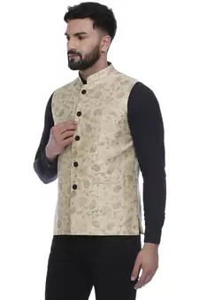 Beige Brasso Jacquard Nehru Jacket