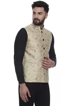 Beige Brasso Jacquard Nehru Jacket