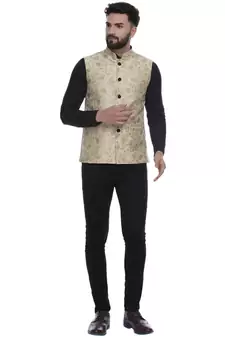 Beige Brasso Jacquard Nehru Jacket