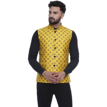 Yellow Brasso Jacquard Nehru Jacket 1