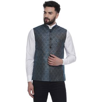 Blue Brasso Jacquard Nehru Jacket 1