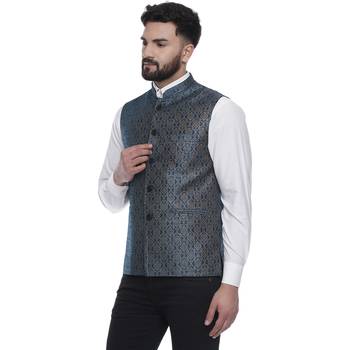 Blue Brasso Jacquard Nehru Jacket 2