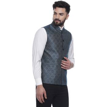 Blue Brasso Jacquard Nehru Jacket 3