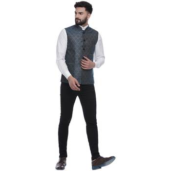 Blue Brasso Jacquard Nehru Jacket 4