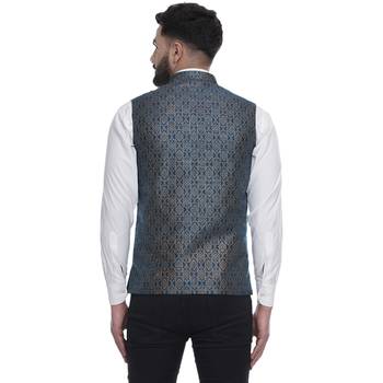 Blue Brasso Jacquard Nehru Jacket 5
