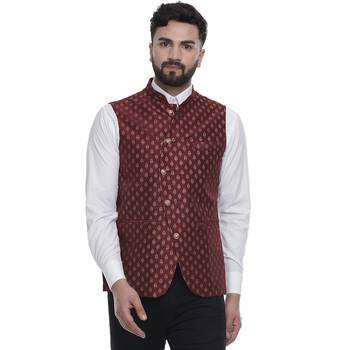 Maroon Brasso Jacquard Nehru Jacket 1