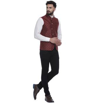 Maroon Brasso Jacquard Nehru Jacket 3