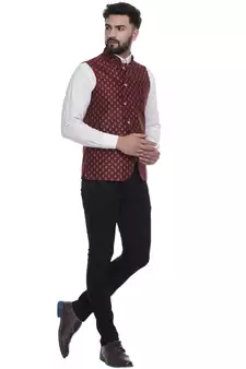 Maroon Brasso Jacquard Nehru Jacket