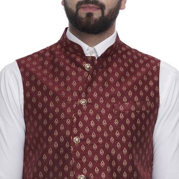 Maroon Brasso Jacquard Nehru Jacket 5