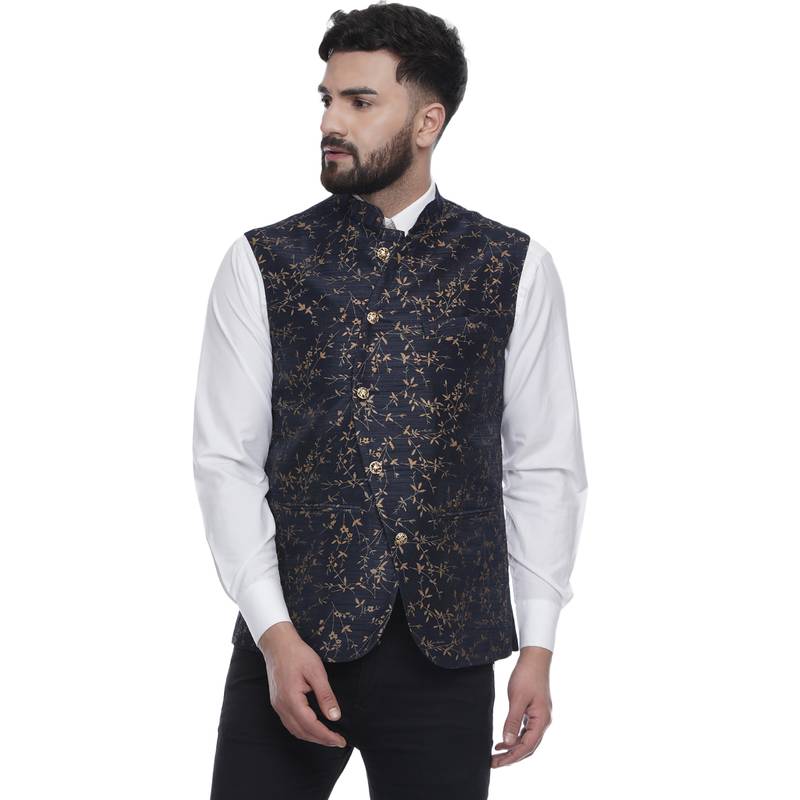 Blue Brasso Jacquard Nehru Jacket