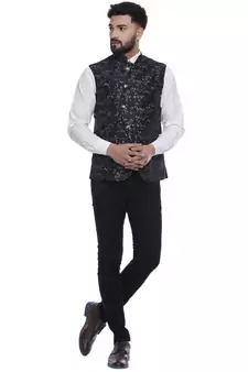 Blue Brasso Jacquard Nehru Jacket
