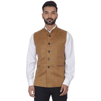 Brown Plain Faux Velvet Nehru Jacket 1